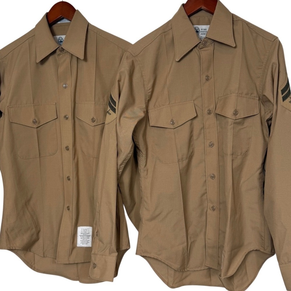 Lot of 2 USMC Khaki Long Sleeve Service Shirts 15x35 Corporal Wool Blend
